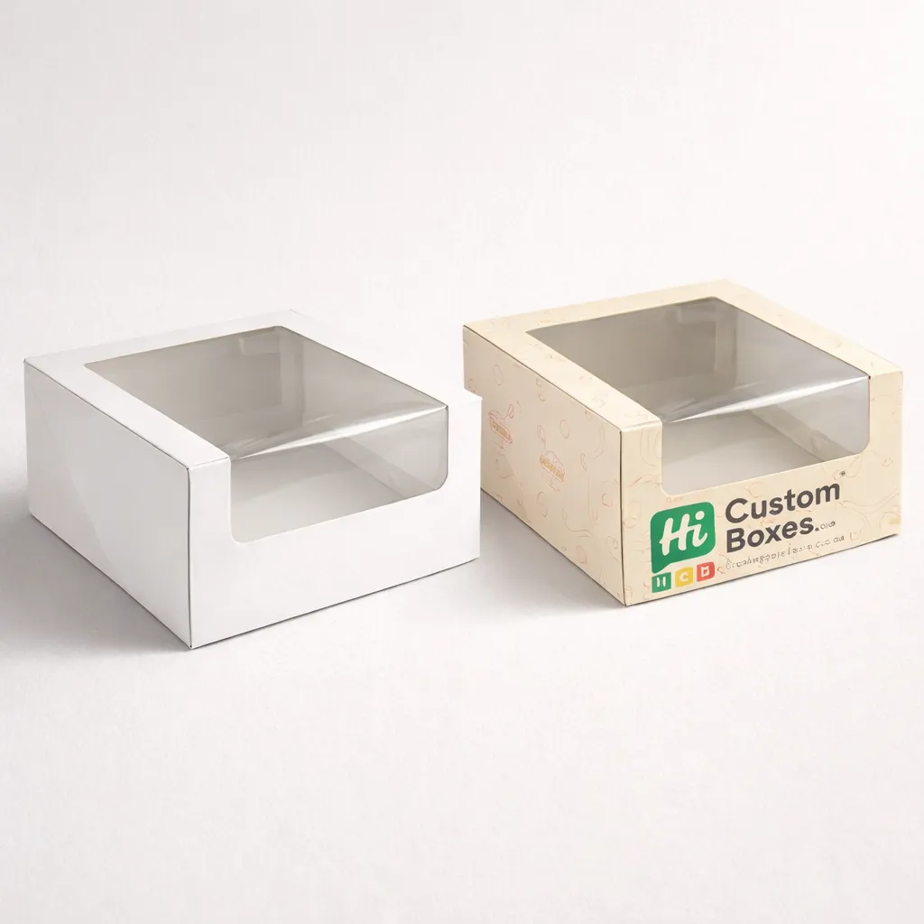 White and cream branded cake boxes with transparent top windows and elegant bakery illustrations.